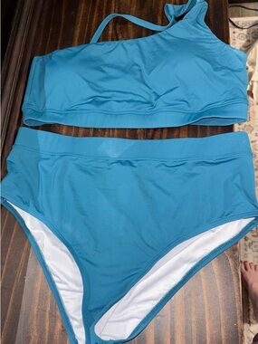 Blue High-Waist Two-Piece Swim Set - Women